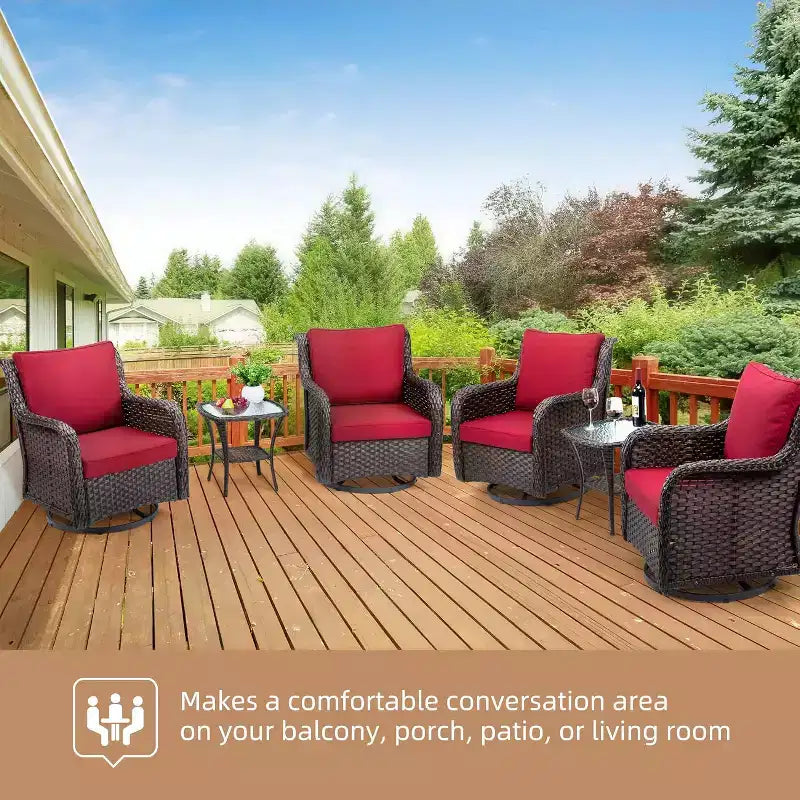 Ensemble bistro de patio 3 pièces en osier toutes saisons, meubles d'extérieur avec chaises rembourrées pivotantes à 360° et table d'appoint en verre trempé pour jardin et véranda