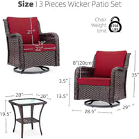 Ensemble bistro de patio 3 pièces en osier toutes saisons, meubles d'extérieur avec chaises rembourrées pivotantes à 360° et table d'appoint en verre trempé pour jardin et véranda