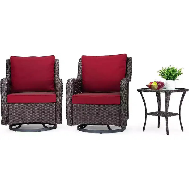 Ensemble bistro de patio 3 pièces en osier toutes saisons, meubles d'extérieur avec chaises rembourrées pivotantes à 360° et table d'appoint en verre trempé pour jardin et véranda