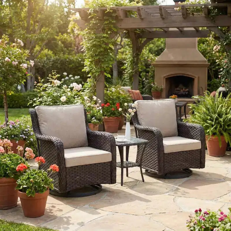 Ensemble bistro de patio 3 pièces en osier toutes saisons, meubles d'extérieur avec chaises rembourrées pivotantes à 360° et table d'appoint en verre trempé pour jardin et véranda