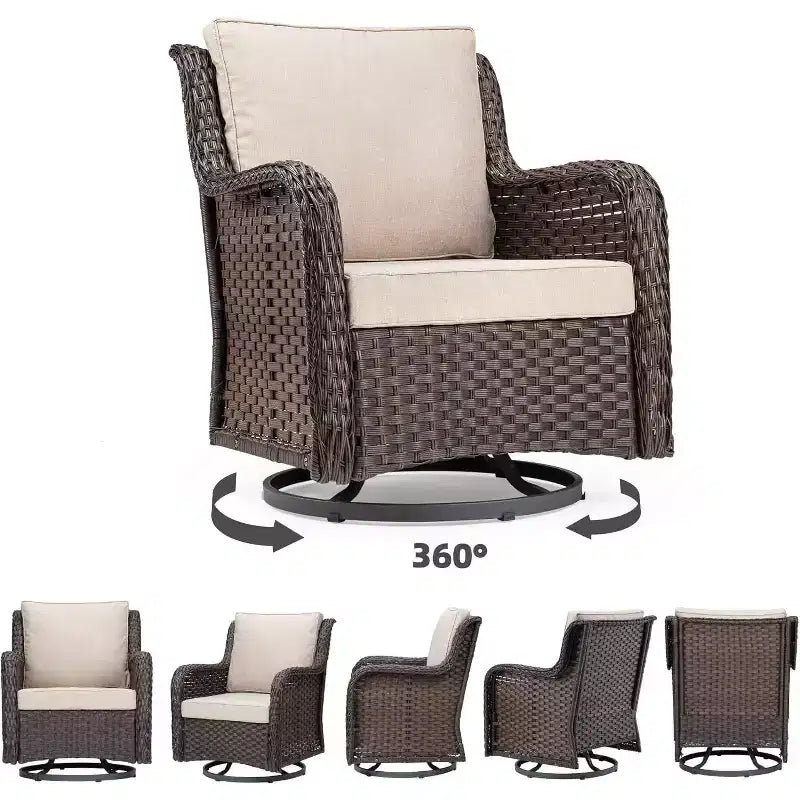 Ensemble bistro de patio 3 pièces en osier toutes saisons, meubles d'extérieur avec chaises rembourrées pivotantes à 360° et table d'appoint en verre trempé pour jardin et véranda