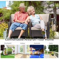 Ensemble bistro de patio 3 pièces en osier toutes saisons, meubles d'extérieur avec chaises rembourrées pivotantes à 360° et table d'appoint en verre trempé pour jardin et véranda