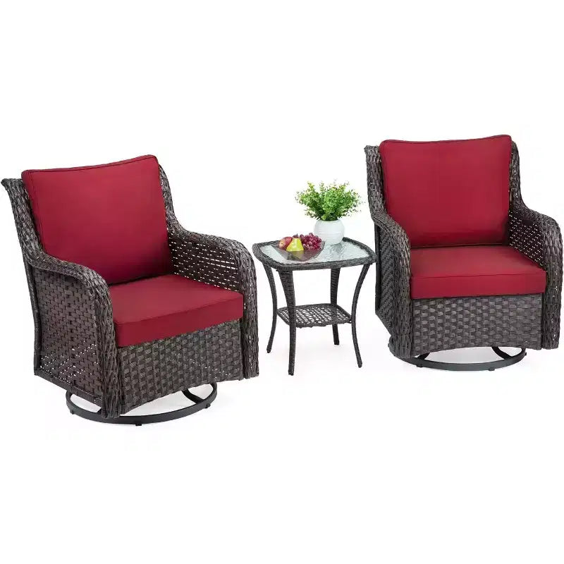Ensemble bistro de patio 3 pièces en osier toutes saisons, meubles d'extérieur avec chaises rembourrées pivotantes à 360° et table d'appoint en verre trempé pour jardin et véranda