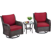 Ensemble bistro de patio 3 pièces en osier toutes saisons, meubles d'extérieur avec chaises rembourrées pivotantes à 360° et table d'appoint en verre trempé pour jardin et véranda