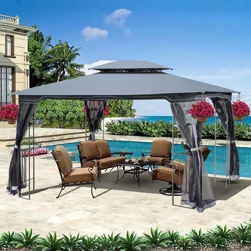 Clihome Canopy gazebo de patio extérieure 13x10 pi avec double toit aéré et moustiquaire amovible, gris