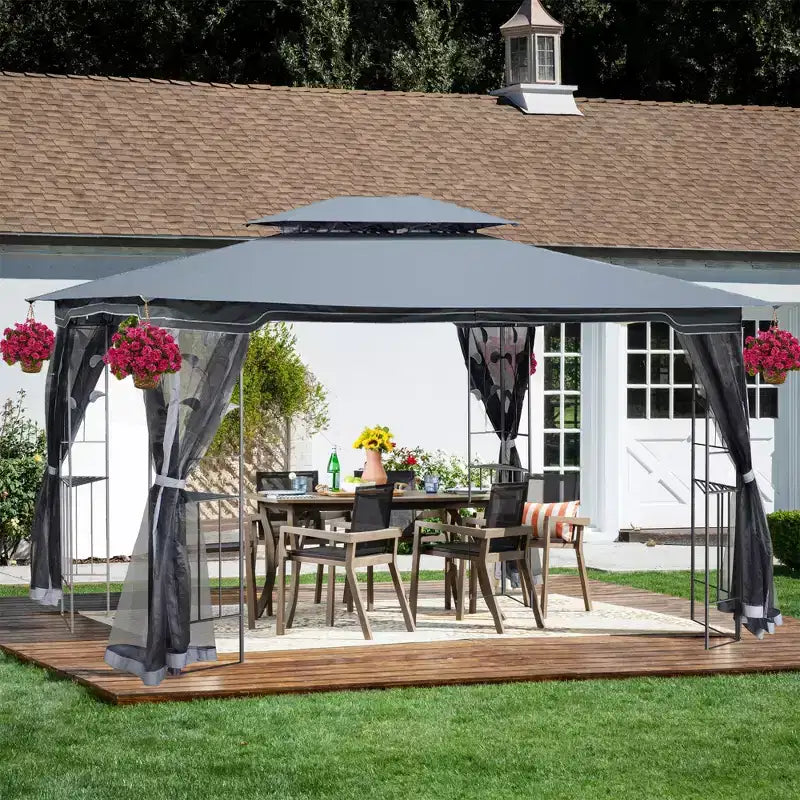 Clihome Canopy gazebo de patio extérieure 13x10 pi avec double toit aéré et moustiquaire amovible, gris