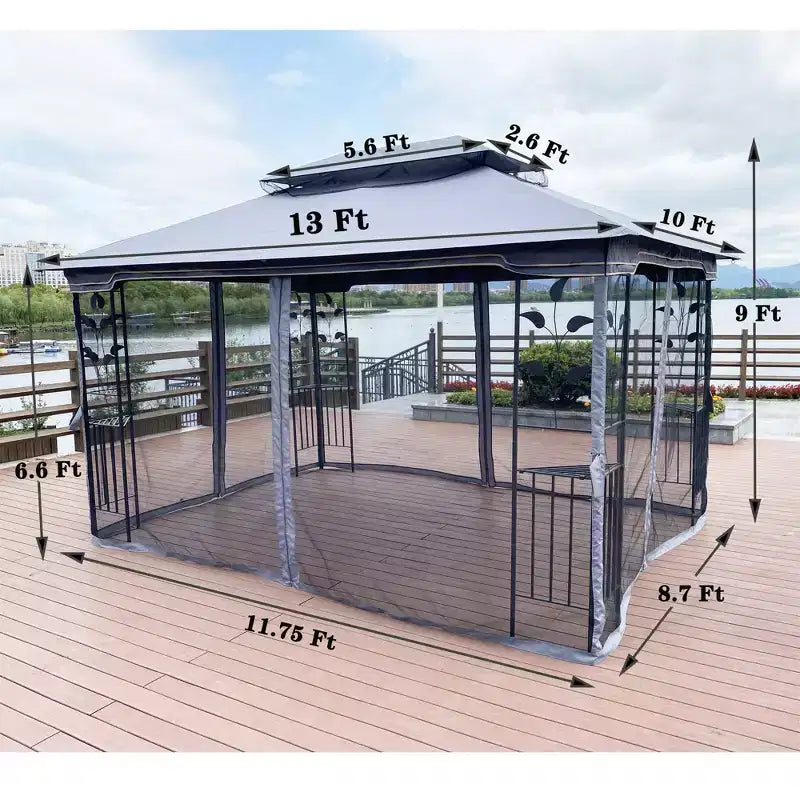 Clihome Canopy gazebo de patio extérieure 13x10 pi avec double toit aéré et moustiquaire amovible, gris