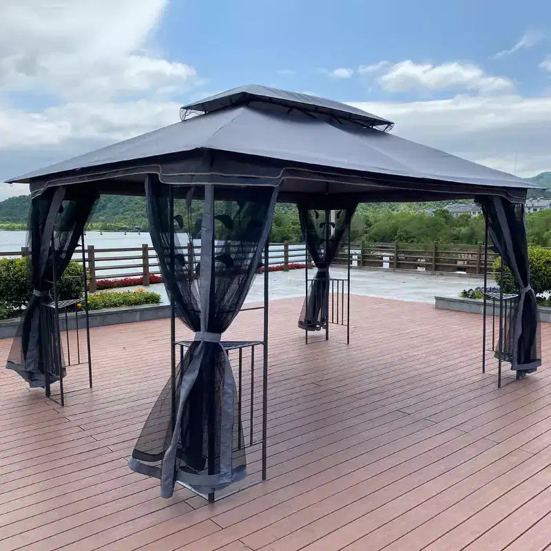 Clihome Canopy gazebo de patio extérieure 13x10 pi avec double toit aéré et moustiquaire amovible, gris