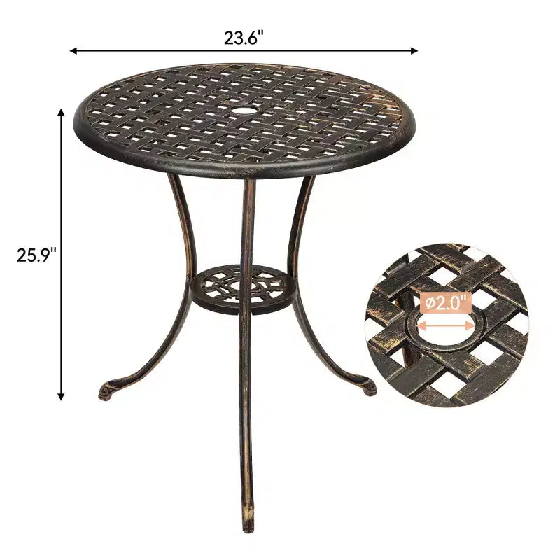 Table de bistrot ronde en fonte d'aluminium de 24 pouces avec 2 trous pour parasol, table d'appoint d'extérieur, table basse antirouille pour jardin, terrasse