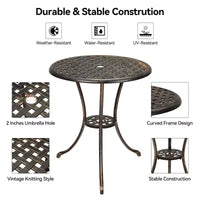 Table de bistrot ronde en fonte d'aluminium de 24 pouces avec 2 trous pour parasol, table d'appoint d'extérieur, table basse antirouille pour jardin, terrasse