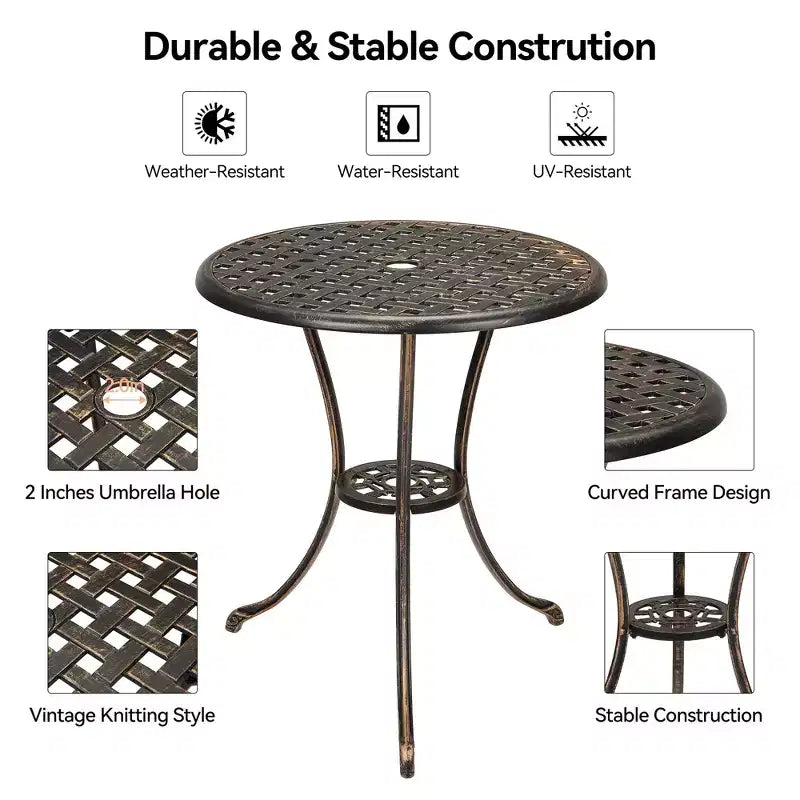 Table de bistrot ronde en fonte d'aluminium de 24 pouces avec 2 trous pour parasol, table d'appoint d'extérieur, table basse antirouille pour jardin, terrasse