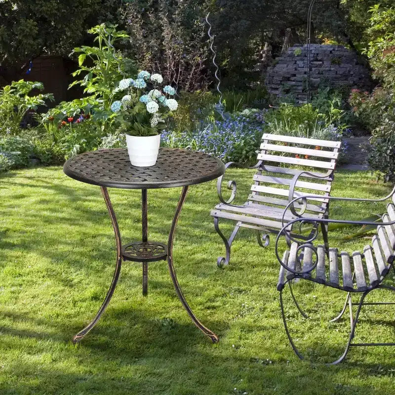 Table de bistrot ronde en fonte d'aluminium de 24 pouces avec 2 trous pour parasol, table d'appoint d'extérieur, table basse antirouille pour jardin, terrasse
