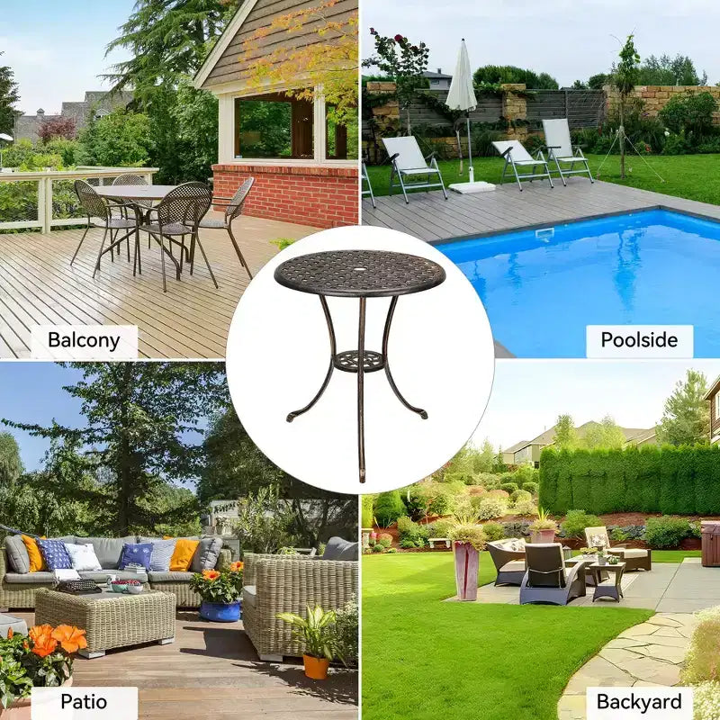 Table de bistrot ronde en fonte d'aluminium de 24 pouces avec 2 trous pour parasol, table d'appoint d'extérieur, table basse antirouille pour jardin, terrasse