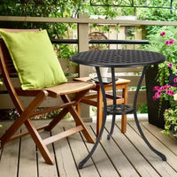 Table de bistrot ronde en fonte d'aluminium de 24 pouces avec 2 trous pour parasol, table d'appoint d'extérieur, table basse antirouille pour jardin, terrasse