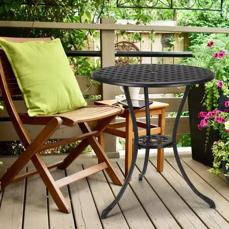 Table de bistrot ronde en fonte d'aluminium de 24 pouces avec 2 trous pour parasol, table d'appoint d'extérieur, table basse antirouille pour jardin, terrasse