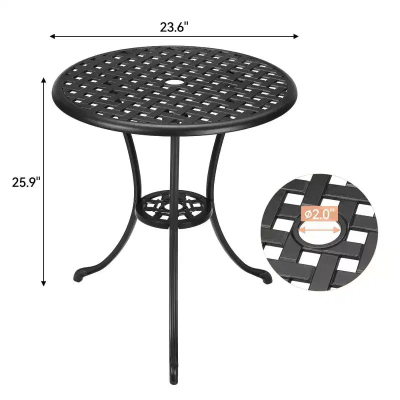 Table de bistrot ronde en fonte d'aluminium de 24 pouces avec 2 trous pour parasol, table d'appoint d'extérieur, table basse antirouille pour jardin, terrasse