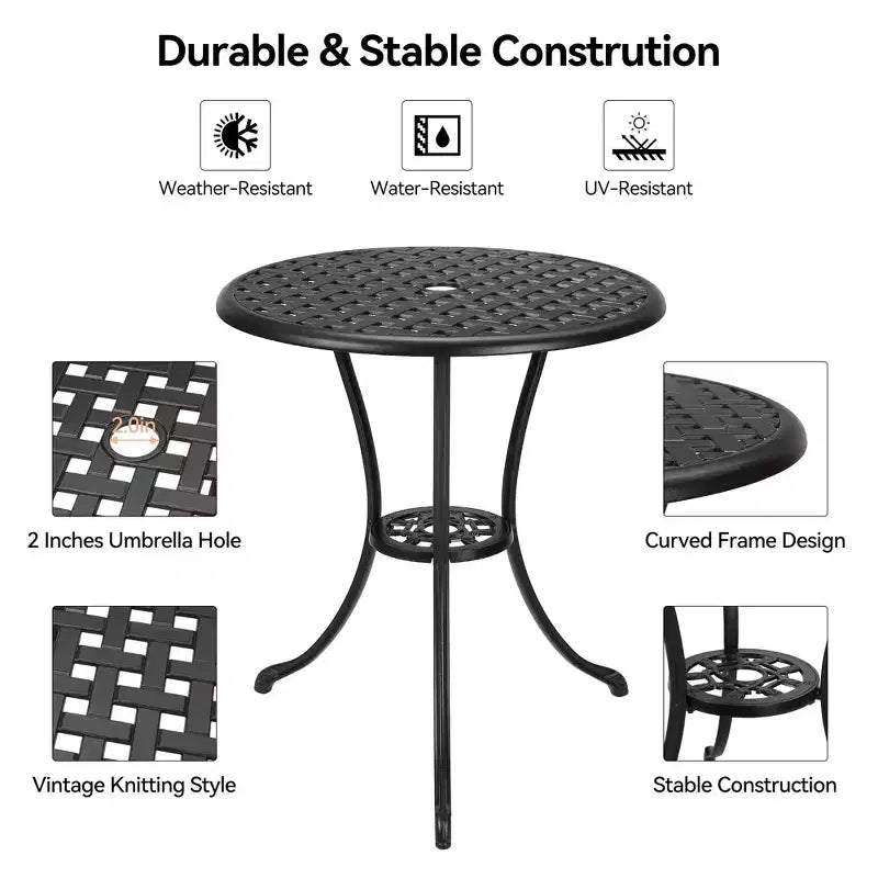 Table de bistrot ronde en fonte d'aluminium de 24 pouces avec 2 trous pour parasol, table d'appoint d'extérieur, table basse antirouille pour jardin, terrasse