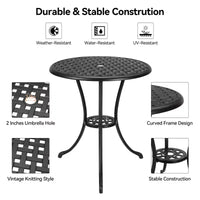 Table de bistrot ronde en fonte d'aluminium de 24 pouces avec 2 trous pour parasol, table d'appoint d'extérieur, table basse antirouille pour jardin, terrasse