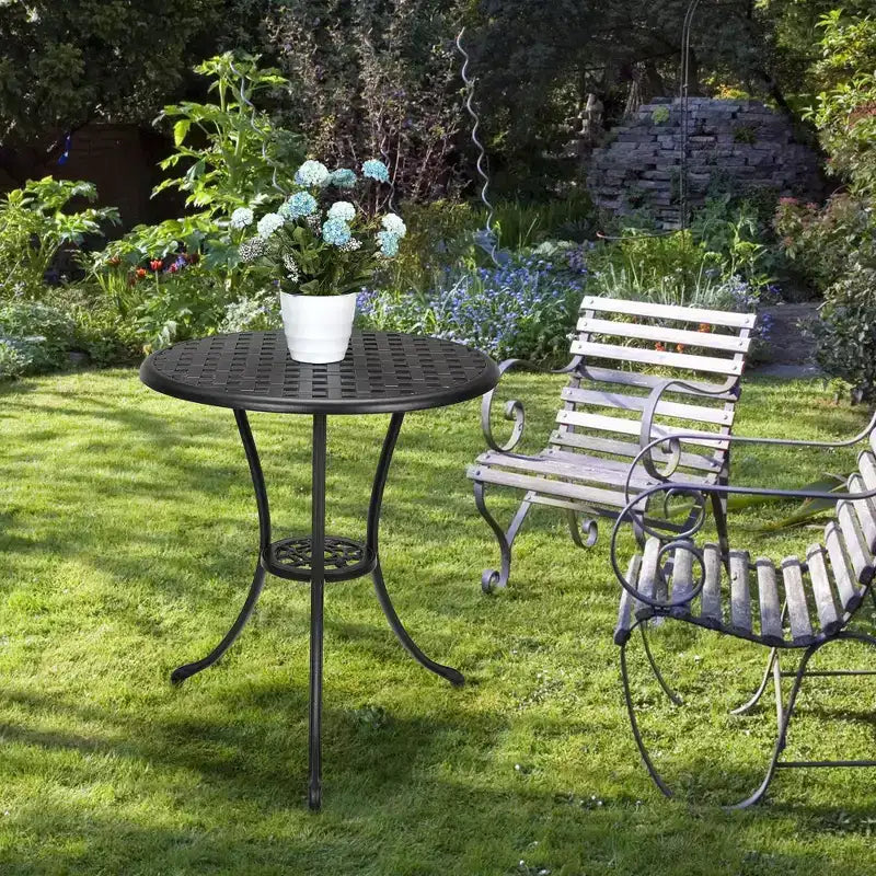 Table de bistrot ronde en fonte d'aluminium de 24 pouces avec 2 trous pour parasol, table d'appoint d'extérieur, table basse antirouille pour jardin, terrasse