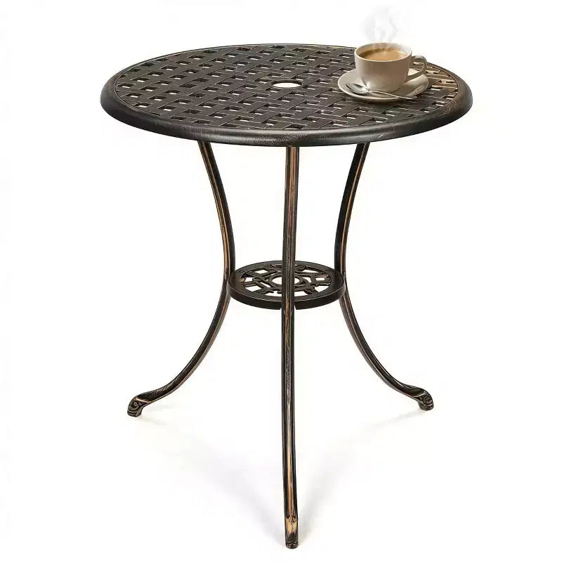 Table de bistrot ronde en fonte d'aluminium de 24 pouces avec 2 trous pour parasol, table d'appoint d'extérieur, table basse antirouille pour jardin, terrasse