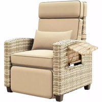 Fauteuil inclinable d'extérieur reglable 145 avec repose-pieds, coussin amovible et table d'appoint, rotin/acier toutes saisons, kaki