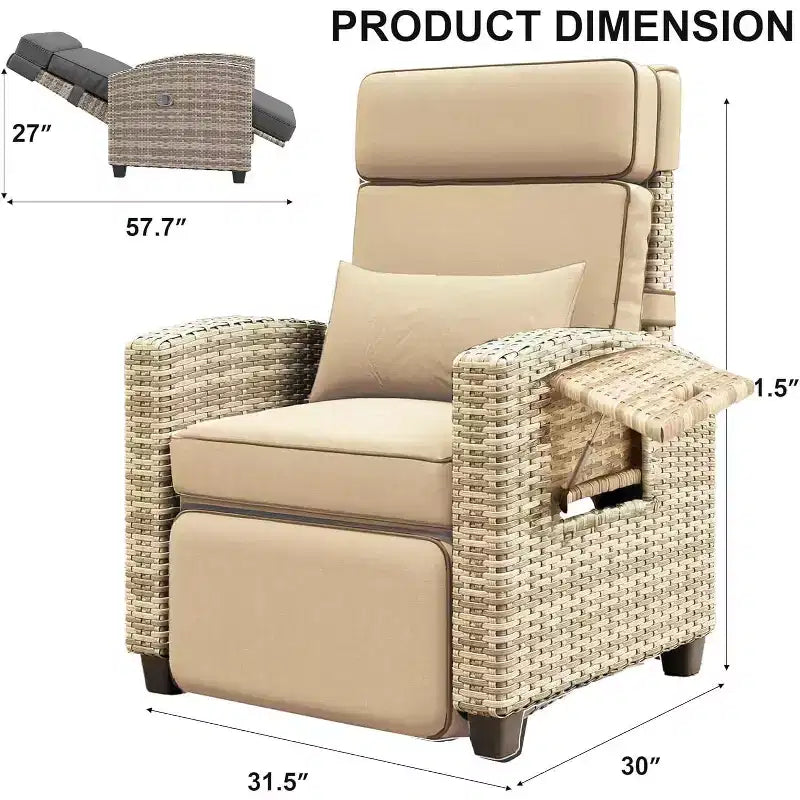 Fauteuil de jardin inclinable 145 avec repose-pieds, coussin amovible et table d'appoint, en osier/acier résistant aux intempéries, kaki.