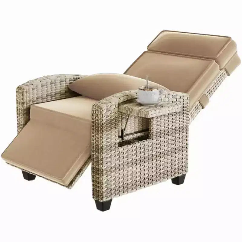 Fauteuil inclinable d'extérieur reglable 145 avec repose-pieds, coussin amovible et table d'appoint, rotin/acier toutes saisons, kaki