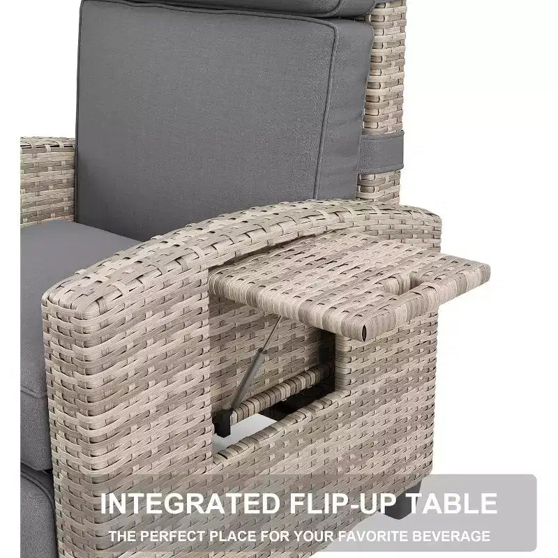 Fauteuil de jardin inclinable 145 avec repose-pieds, coussin amovible et table d'appoint, en osier/acier résistant aux intempéries, kaki.