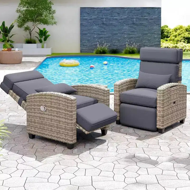 Fauteuil de jardin inclinable 145 avec repose-pieds, coussin amovible et table d'appoint, en osier/acier résistant aux intempéries, kaki.