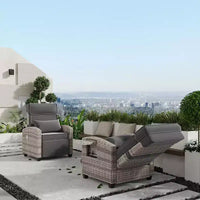 Fauteuil inclinable d'extérieur reglable 145 avec repose-pieds, coussin amovible et table d'appoint, rotin/acier toutes saisons, kaki