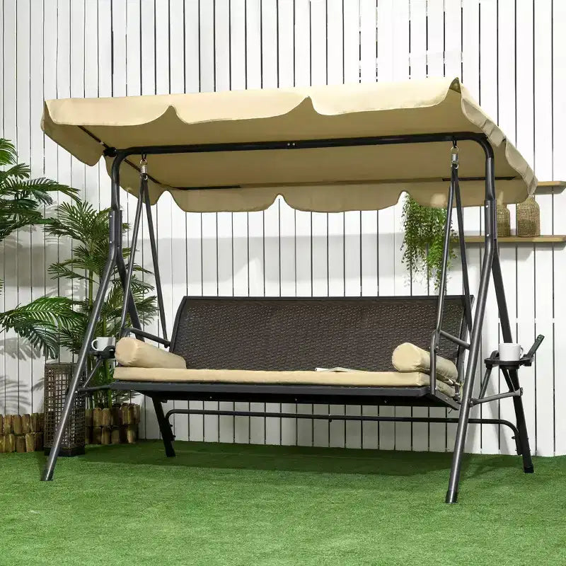 Balancelle de jardin 3 places avec auvent réglable, assise en rotin, coussins amovibles