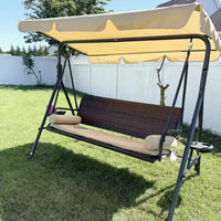 Balancelle de jardin 3 places avec auvent réglable, assise en rotin, coussins amovibles