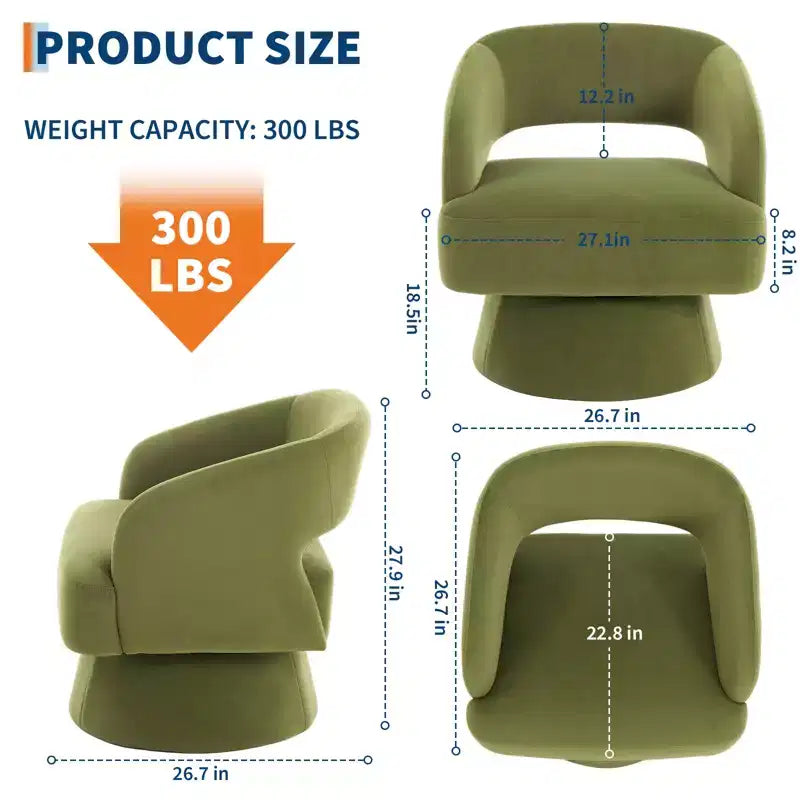 Fauteuil tonneau d'appoint pivotant 360 moderne en velours, fauteuil rembourré à dossier rayé et rembourrage moelleux, fauteuil lounge rond confortable