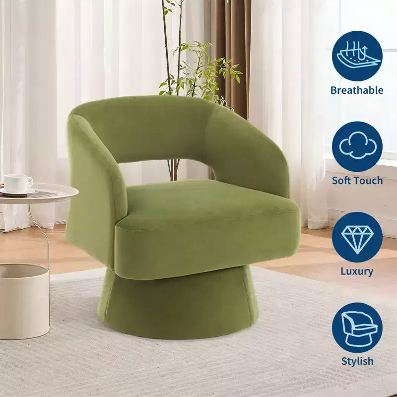 Fauteuil tonneau d'appoint pivotant 360 moderne en velours, fauteuil rembourré à dossier rayé et rembourrage moelleux, fauteuil lounge rond confortable