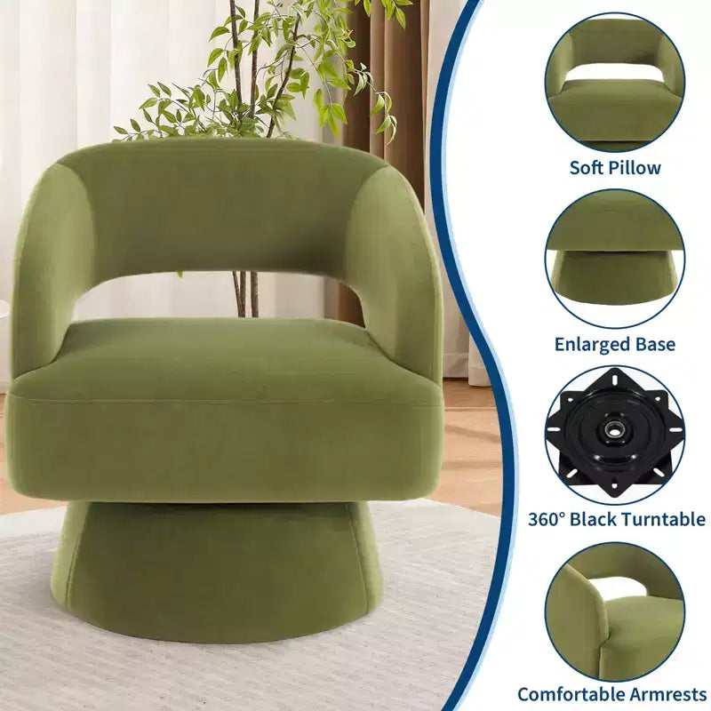 Fauteuil tonneau d'appoint pivotant 360 moderne en velours, fauteuil rembourré à dossier rayé et rembourrage moelleux, fauteuil lounge rond confortable