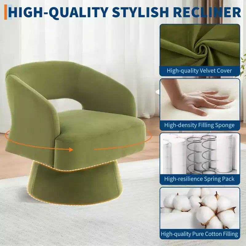 Fauteuil tonneau d'appoint pivotant 360 moderne en velours, fauteuil rembourré à dossier rayé et rembourrage moelleux, fauteuil lounge rond confortable