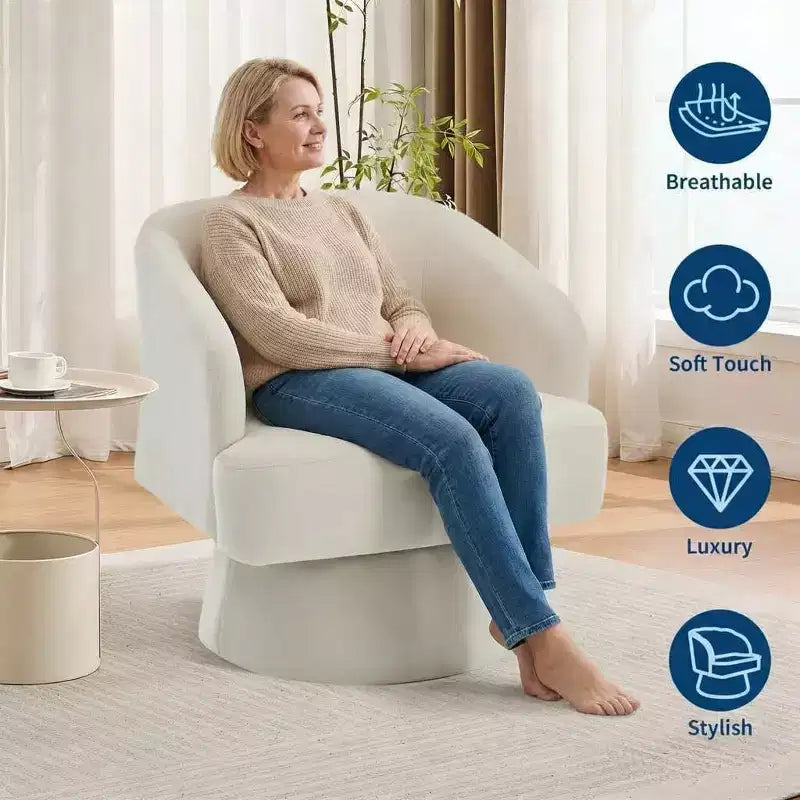 Fauteuil tonneau d'appoint pivotant 360 moderne en velours, fauteuil rembourré à dossier rayé et rembourrage moelleux, fauteuil lounge rond confortable