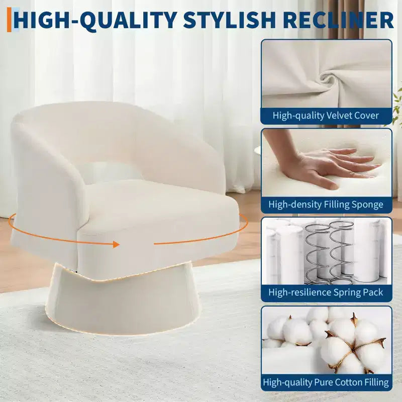 Fauteuil tonneau d'appoint pivotant 360 moderne en velours, fauteuil rembourré à dossier rayé et rembourrage moelleux, fauteuil lounge rond confortable