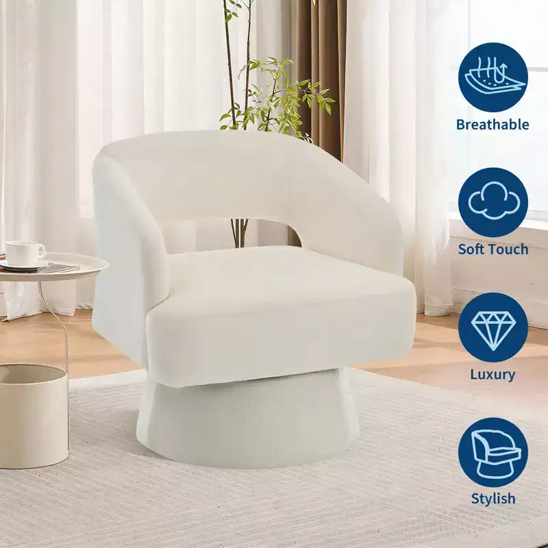 Fauteuil tonneau d'appoint pivotant 360 moderne en velours, fauteuil rembourré à dossier rayé et rembourrage moelleux, fauteuil lounge rond confortable