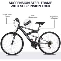 Hykolity VTT 26 pouces, vélo de cyclisme extérieur 18 vitesses, cadre en acier à haute teneur en carbone, VTT pour hommes et femmes, double suspension intégrale, noir