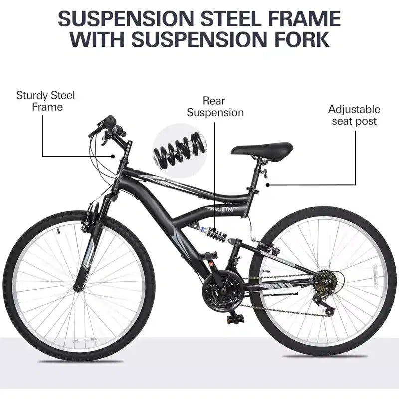 Hykolity VTT 26 pouces, vélo de cyclisme extérieur 18 vitesses, cadre en acier à haute teneur en carbone, VTT pour hommes et femmes, double suspension intégrale, noir