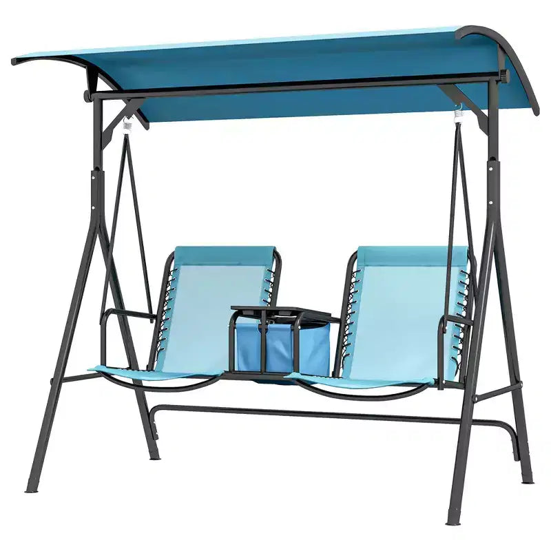 Balançoire de patio portative 2 places avec auvent, porte-gobelets et support, bleue