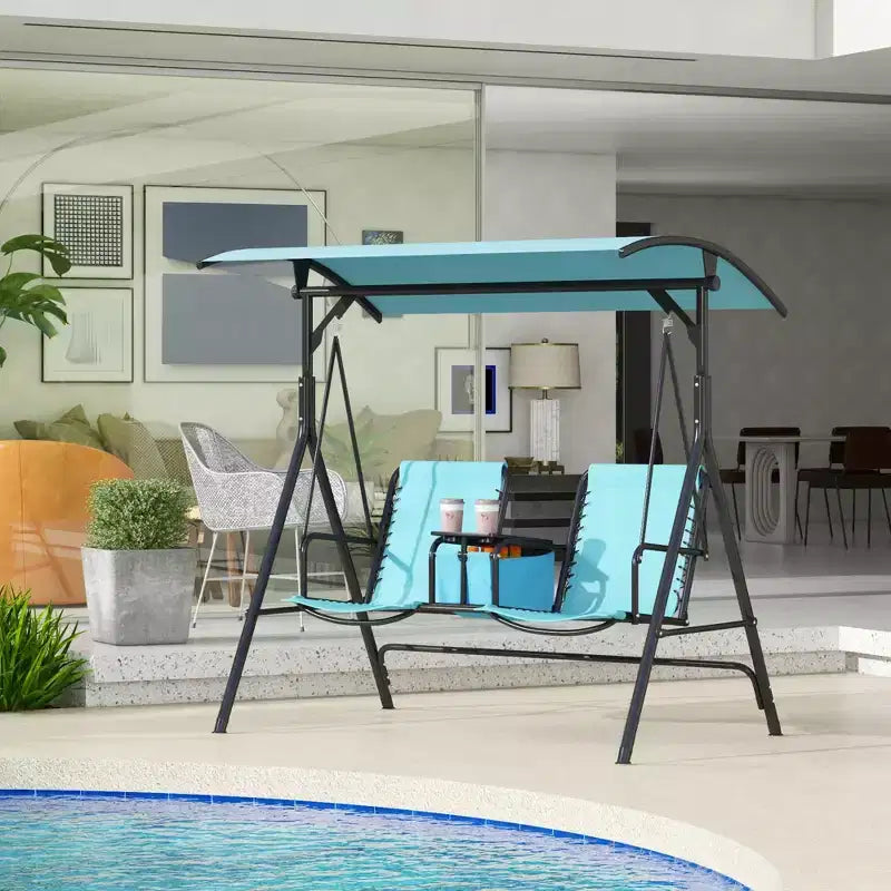 Balançoire de patio portative 2 places avec auvent, porte-gobelets et support, bleue