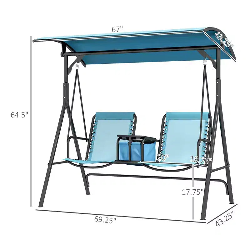 Balançoire de patio portative 2 places avec auvent, porte-gobelets et support, bleue