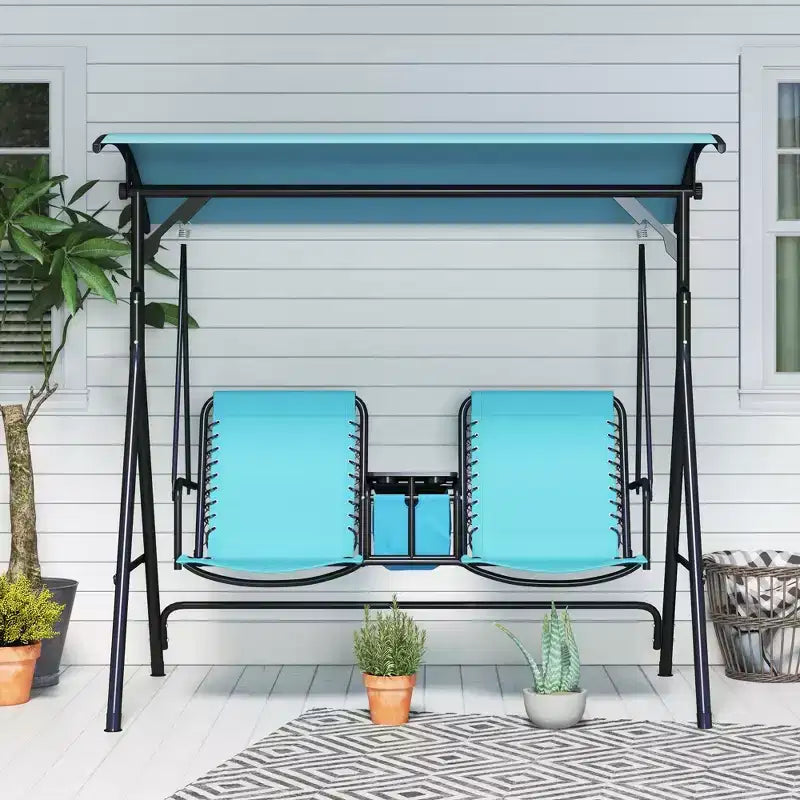 Balançoire de patio portative 2 places avec auvent, porte-gobelets et support, bleue