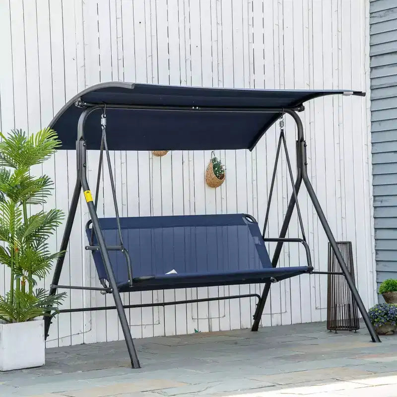 Balancelle de patio 3 personnes avec auvent reglable et coussins, bleu fonce