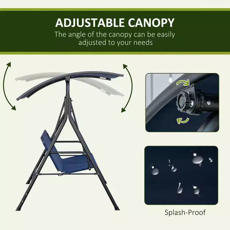 Balancelle de patio 3 personnes avec auvent reglable et coussins, bleu fonce