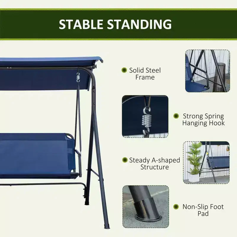Balancelle de patio 3 personnes avec auvent reglable et coussins, bleu fonce