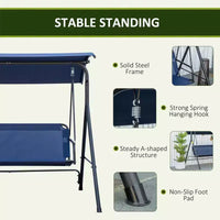 Balancelle de patio 3 personnes avec auvent reglable et coussins, bleu fonce