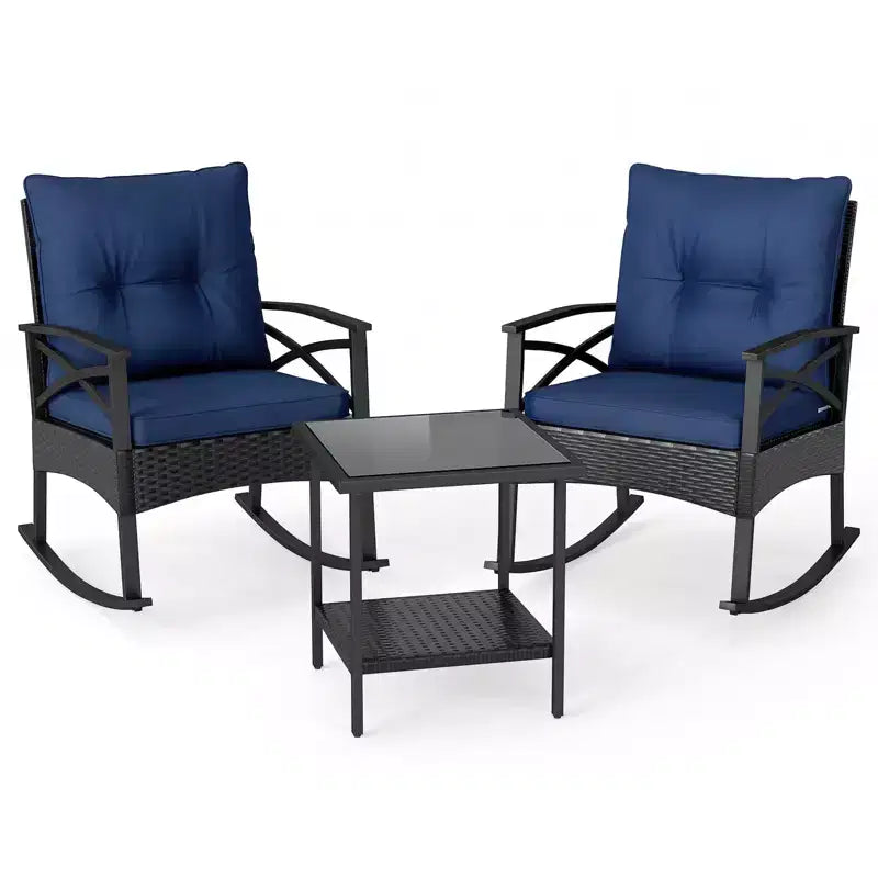 Ensemble de 3 pièces Gymax pour patio avec chaises berçantes planeuses, table basse en verre trempé et coussins